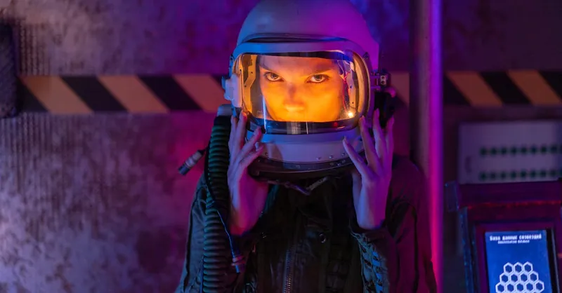 A woman in a space suit stands in a vividly lit space station, embodying futuristic exploration.