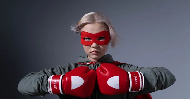 A teenager poses as a superhero wearing red boxing gloves and mask in a studio setting. Empowering and bold.