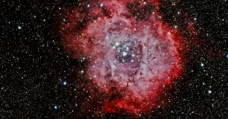Marvel at the stunning Rosette Nebula as stars twinkle in the vast cosmos, an awe-inspiring celestial sight.
