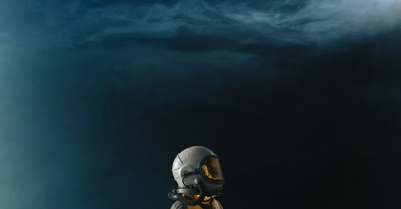 Astronaut in a helmet looks toward the stars in a mysterious space setting.