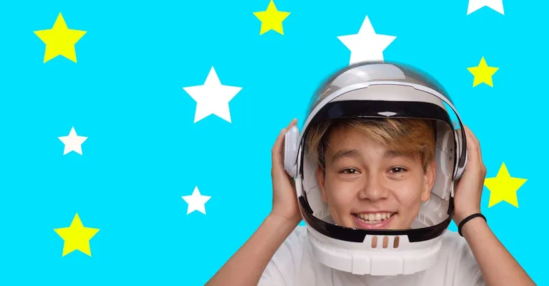 Smiling child wearing a space helmet against a colorful starry backdrop, symbolizing exploration and imagination.