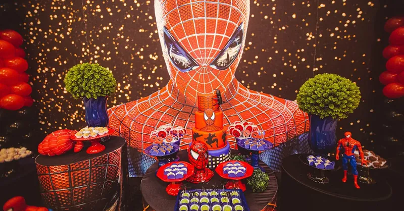 Vibrant Spiderman themed party setup with decorations and snacks, ideal for children