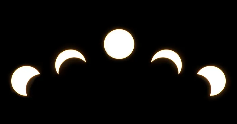 A minimalist depiction of solar eclipse phases captured in a crescent pattern on a dark background.