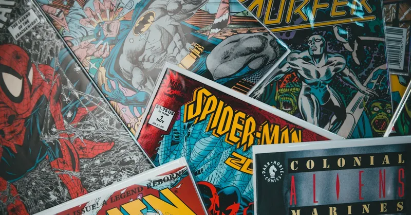 A vibrant assortment of iconic superhero comic books in a dynamic flat lay arrangement.