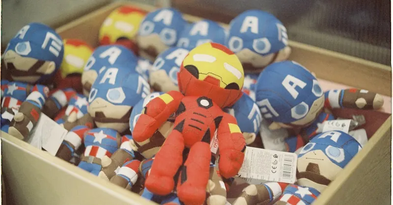 A vibrant collection of superhero dolls displayed in a box, bright and colorful.