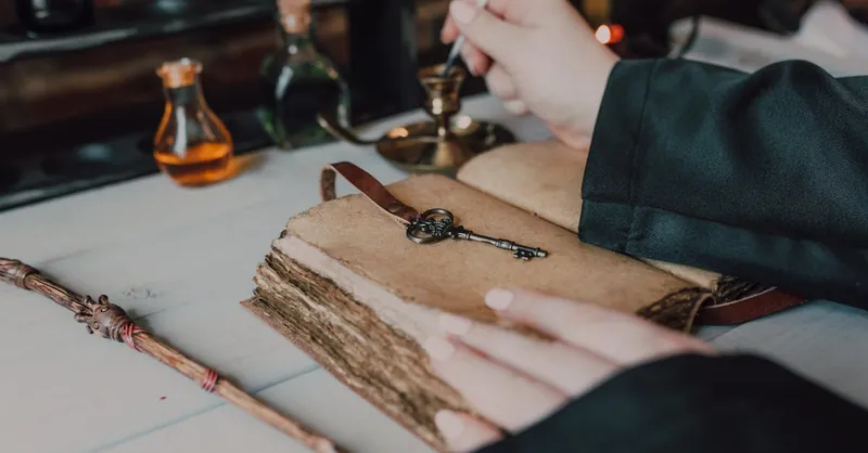 Mystical setup with a quill, spell book, and magical potions.