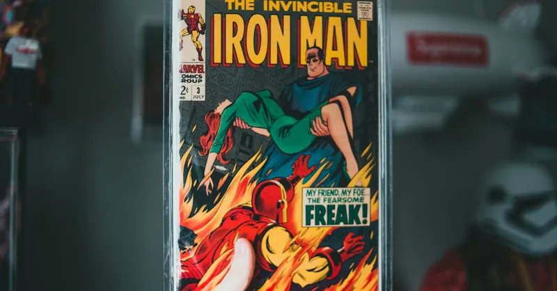Vintage Iron Man comic book held by hand, showcasing iconic superhero imagery.