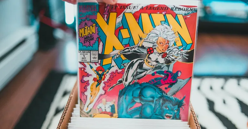 A stack of vibrant comic books with prominent X-Men cover in a modern apartment.