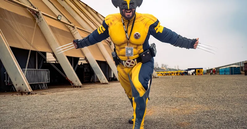 A cosplayer vividly dressed as Wolverine with claws extended outdoors showing excitement.