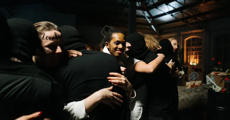 A diverse group embraces in a peaceful, indoor gathering promoting unity and love.