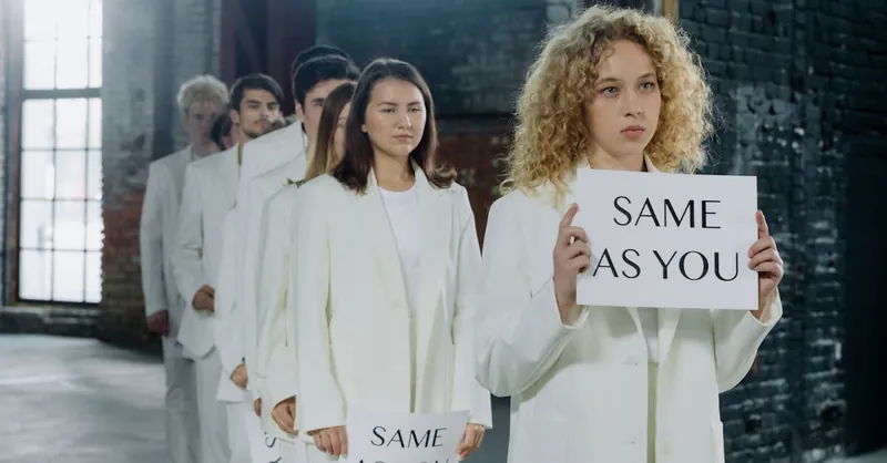 A group of diverse individuals holding 