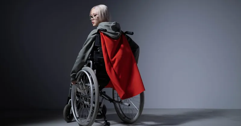 Teen in wheelchair with superhero cape symbolizes strength and empowerment.