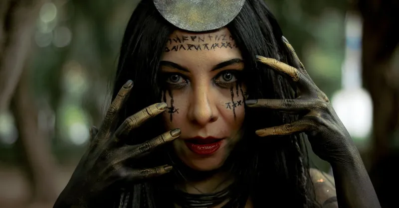 Captivating portrait of a woman with runes and crescent moon headpiece in dark forest.
