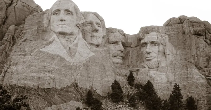 Iconic stone carvings of US presidents at Mount Rushmore National Memorial in South Dakota.