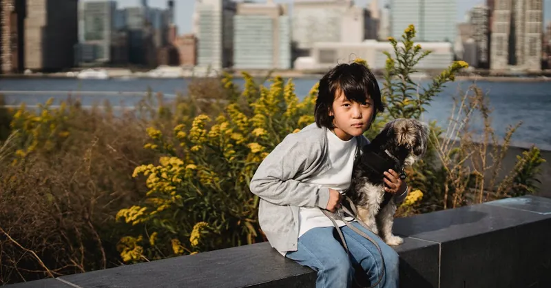 A young boy sitting on a wall with his terrier dog, overlooking the city skyline.