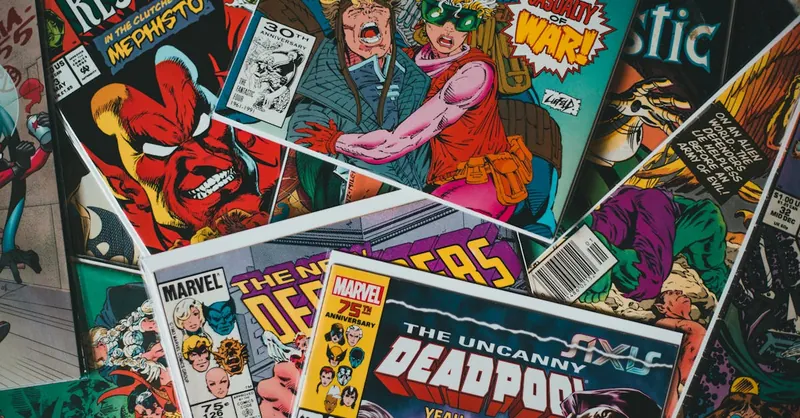 From above pile of collection of various famous comic books with colorful covers