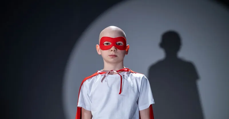 Portrait of young superhero in a white shirt, red cape, and mask with a bold shadow behind.